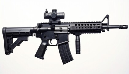 Modern assault rifle with tactical scope, quad rail handguard, collapsible stock, and flash suppressor, magazine inserted, shown in isolated setup highlighting modular military-grade design.