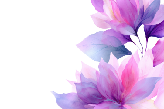 Elegant watercolor floral border with purple and pink blossoms, delicate leaves, and a serene transparent background, perfect for design. background removed - Powered by Adobe