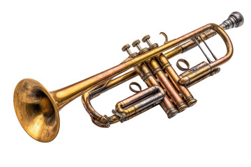 Obraz premium A beautifully weathered, vintage brass trumpet, showcasing its intricate details and rich golden hues, isolated on a clean transparent background. background removed