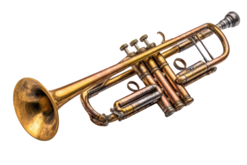 A beautifully weathered, vintage brass trumpet, showcasing its intricate details and rich golden hues, isolated on a clean transparent background. background removed