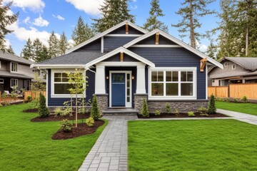 A charming, modern home with landscaping and a blue door.