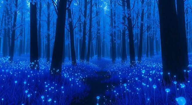 Enchanting Blue Forest Path Illuminated by Bioluminescent Flora.