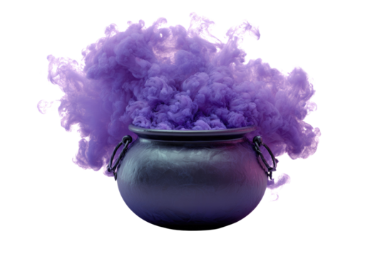 A mystical dark cauldron dramatically overflows with billowy, vibrant purple smoke against a solid transparent background, creating an enchanting and magical effect. background removed