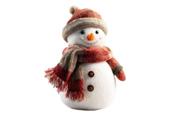 A charming fabric snowman decoration smiles, adorned with a cozy knitted hat and striped scarf, ready for festive cheer. background removed