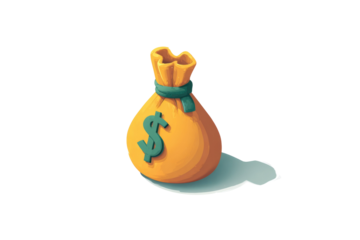 A vibrant cartoon money bag, golden orange with a prominent green dollar sign and tie, symbolizing wealth, savings, and financial abundance. background removed