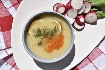 A plate of pea soup served with radish slices and lettuce leaves on a red checkered kitchen towel