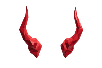 Two striking red polygonal horns with a low-poly aesthetic, perfect for fantasy, demon, or Halloween themes, on a transparent background. background removed