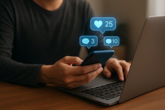 Social Media Engagement: Man Using Smartphone with Digital Notifications and Laptop