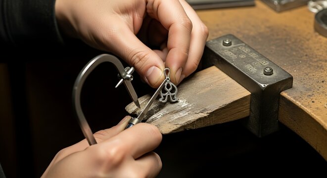 Jeweler Hands Crafting Silver Ring with Tools at Workbench, Jewelry Making