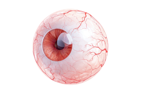 This close-up illustration depicts a bloodshot human eye, complete with a red iris and visible capillaries, highlighting eye health concerns. background removed