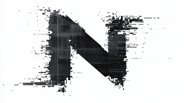 A distorted letter N appears in a glitchy style, showcasing a thin font that evokes a serious hacker aesthetic and digital disruption