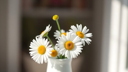 Obraz premium Simple white vase holding fresh daisies, illuminated by soft natural light.