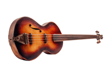 Vintage sunburst violin-shaped electric bass guitar, reminiscent of a Hofner. Features f-holes, four strings, and unique tailpiece. Isolated on green. background removed