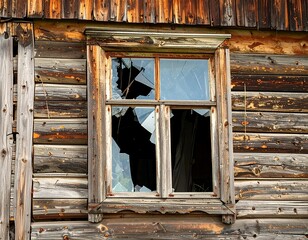 Broken window on weathered log cabin