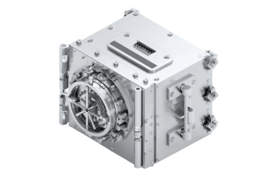 A highly detailed, metallic bank vault or safe with a prominent circular door, complex locking mechanisms, and robust security features. background removed