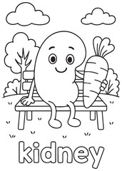 coloring book kidney sitting on bench holding carrot, anatomy cartoon for kids