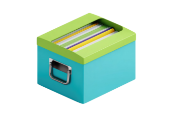 A vibrant 3D rendered turquoise file box with a lime green top, storing colorful document folders. Features a metallic handle for organization. background removed
