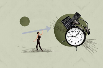 Collage of cheerful business person standing on clock symbolizing business growth timing progress visualization