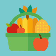 Pumpkin Harvest Basket Vector Illustration _ Basket filled with pumpkins, corn, and apples in flat vector.