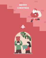 Christmas illustration card template with santa and gifts.