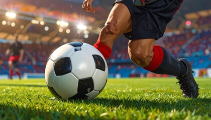 Obraz premium Close-up of soccer ball on green grass field inside large stadium, white boundary lines visible, sunlight streaming through open roof, filled stands evoke excitement and anticipation of match kickoff.