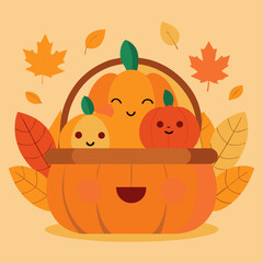 Cartoon Harvest Basket Vector Design _ Cute basket with smiling pumpkins and autumn leaves.
