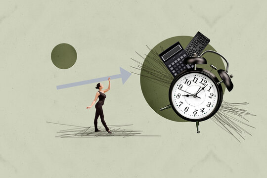 Collage of cheerful business person standing on clock symbolizing business growth timing progress visualization