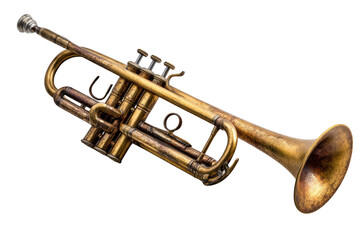 A vintage, tarnished brass trumpet with an aged patina, showcasing its bell, valves, and mouthpiece, isolated on a transparent background. background removed
