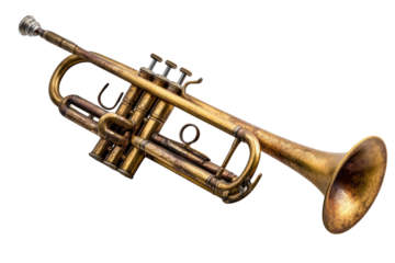 A vintage, tarnished brass trumpet with an aged patina, showcasing its bell, valves, and mouthpiece, isolated on a transparent background. background removed