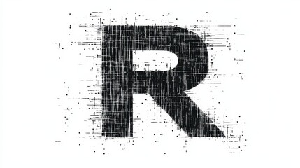 The letter R appears in a glitchy, thin font, evoking a serious hacker aesthetic with a monochrome design effect