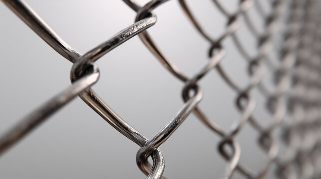 Closeup of shiny metal chain link fence with blurred background