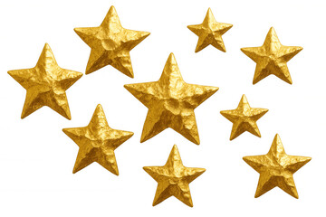Obraz premium Multiple golden paper mache stars on a transparent background, symbolizing celebration, festive spirit, achievement, and awards