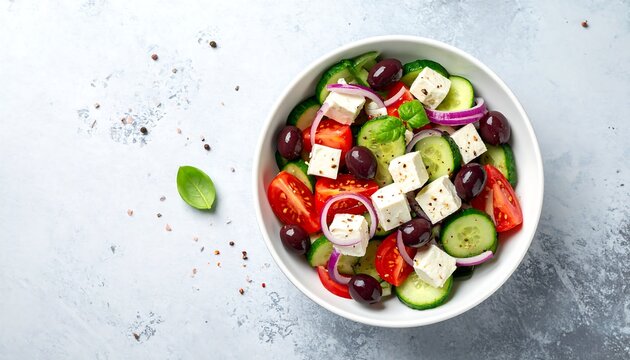 Fresh Greek Salad Bowl with Feta, Cucumber, Tomato and Olives on Light Background