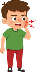 Cartoon child with facial pain, vector illustration for dental health, oral care symptoms, medical awareness, and pediatric discomfort education themes