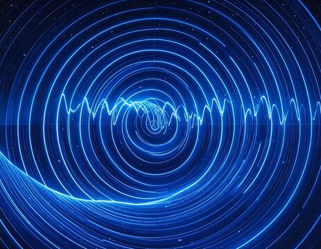 Abstract blue concentric circles and wavy lines