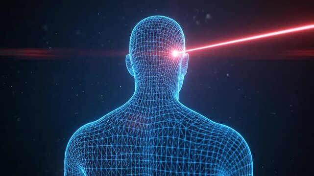 Futuristic Digital Human Wireframe Targeted by Red Laser Beam in Sci-Fi Space Environment - Powered by Adobe
