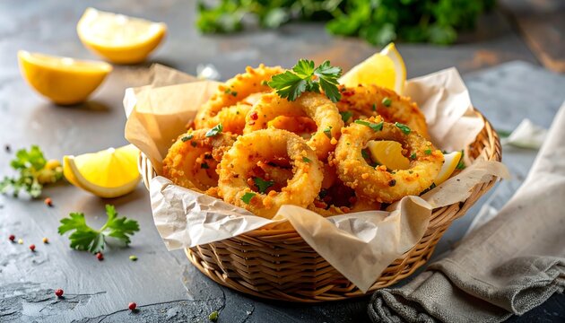 Crispy Fried Calamari Rings with Lemon and Dipping Sauce on Rustic Wooden Table