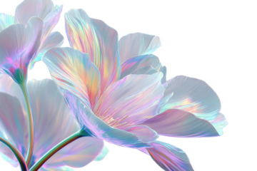 Captivating iridescent flowers with translucent petals displaying a stunning pearlescent glow and delicate hues, set against a transparent background. background removed