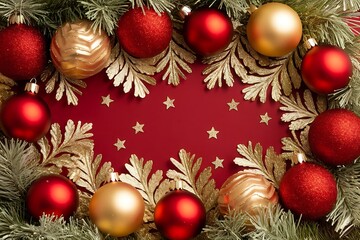 Festive Holiday Decoration: Red and Gold Christmas Ornaments Framed by Evergreen Branches and Sparkling Stars