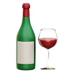 Green Wine Bottle with Red Cap and Wine Glass on Transparent Background