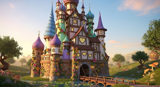 Enchanting Castle Amidst Lush Green Landscape and Bridge.