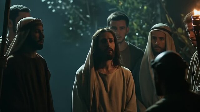 Jesus surrounded by followers in a dimly lit outdoor setting.