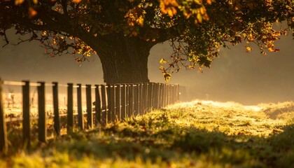 Autumnal tree by a fence