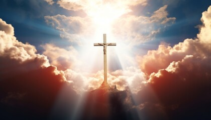 Fototapeta premium Resurrection - Light Cross Shape In Clouds - Risen - Jesus Ascends to Heaven Scene