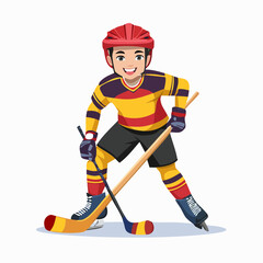 Obraz premium A cheerful young boy dressed in full hockey gear, including a helmet and skates, holding two sticks.