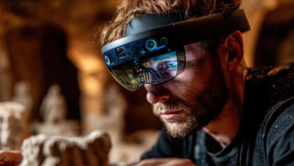 Man using augmented reality headset in a cave environment.