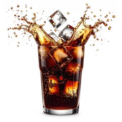 Dark soda drink with ice cubes splashing