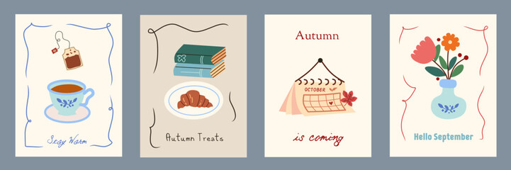 Autumn season minimalist cards with maple leaves, books, flowers, tea. Whimsical wall art, poster cover, banner, card, flyer. Creative design templates ads, web, label, branding, social media.