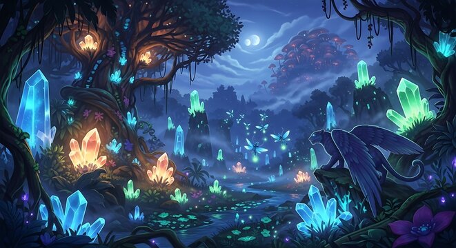 Enchanting Crystal Forest at Night with Glowing Flora.