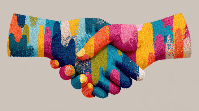 Harmony Through Hands: A vibrant illustration showcasing two hands clasped in a gesture of unity, collaboration, and shared values. The hands are adorned with a spectrum of colors.